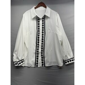 Ladies White 3XL Button Down Long Sleeve Embroidery Detail Emery Rose Blouse